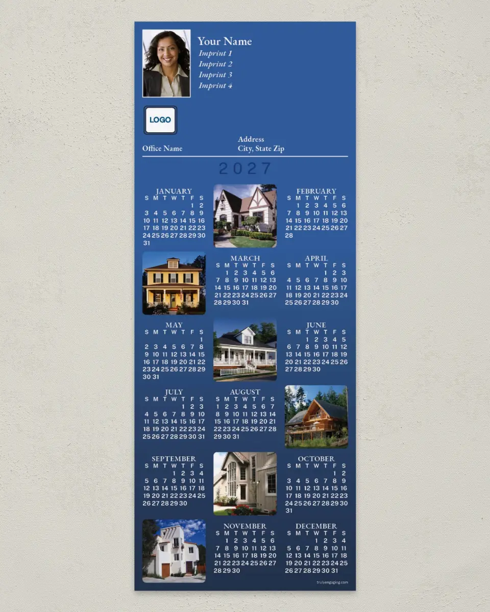 This is a 3½" x 9" Calendar MagnetCard called Houses on Blue printed in full color