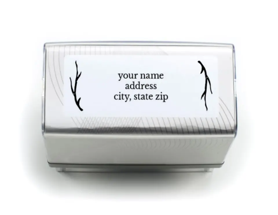This is a 13/16" x 2 3/16" Self-Inking Stamp called Rustic Boughs printed in full color