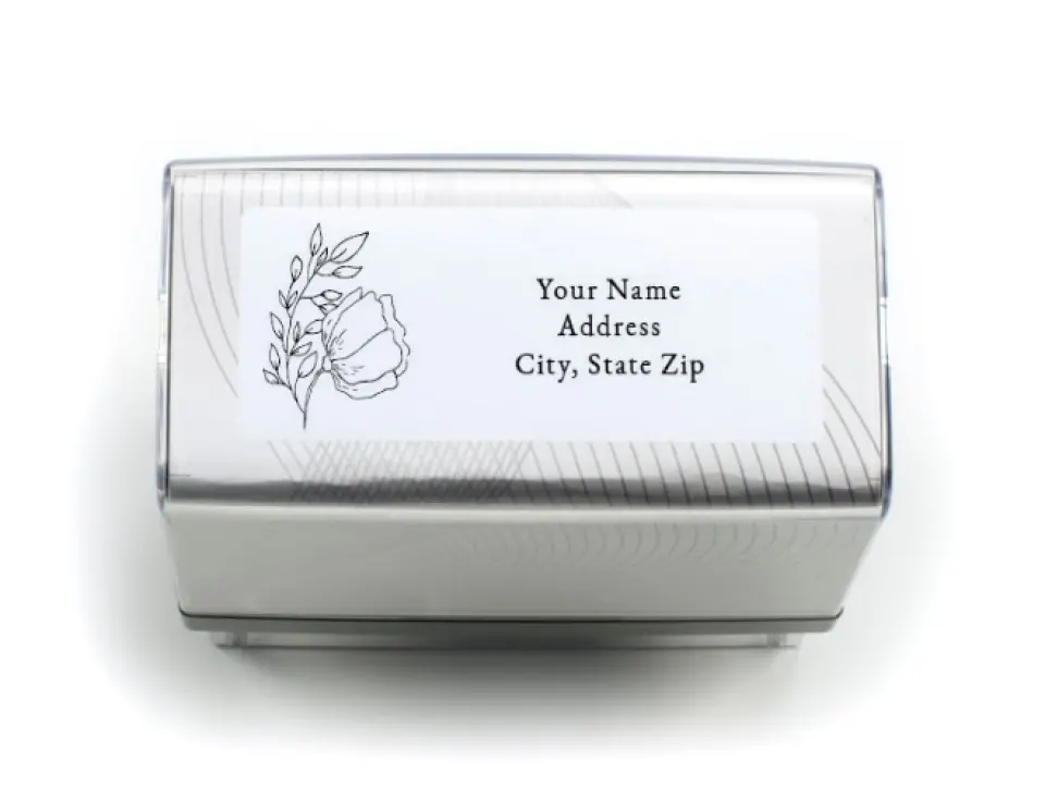 This is a 13/16" x 2 3/16" Self-Inking Stamp called Delicate Splendor printed in full color