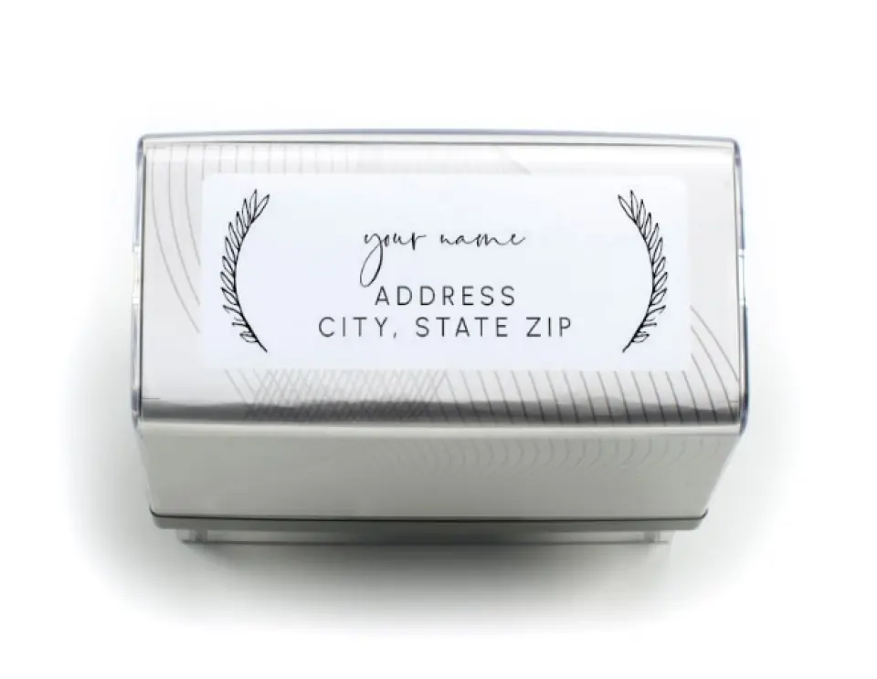 This is a 13/16" x 2 3/16" Self-Inking Stamp called Laurel Wreath printed in full color
