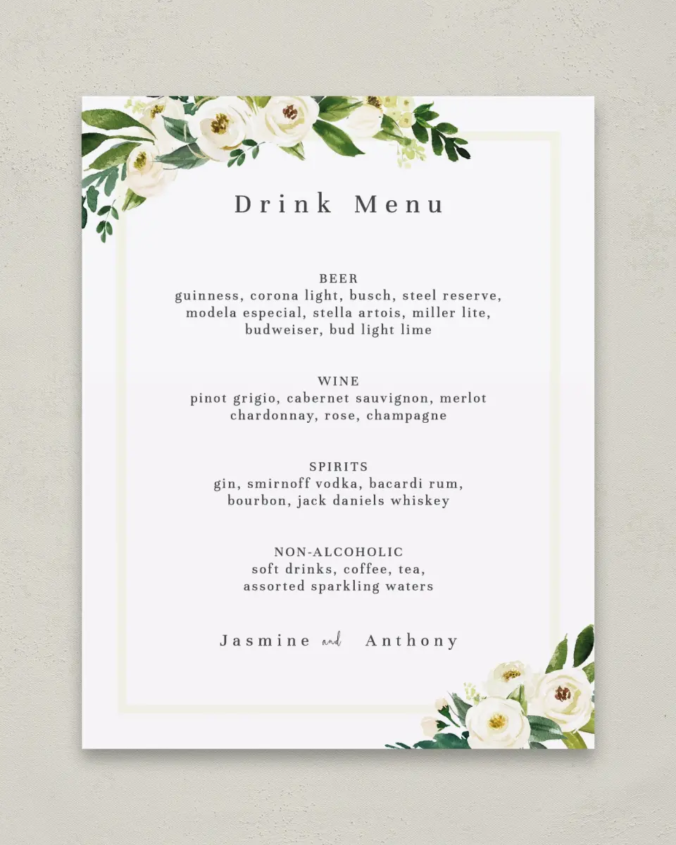 This is a 11" x 14" Menu Sign called Wedding Florals printed in full color with Rose Gold foil