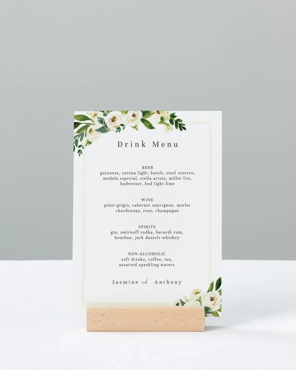 This is a 11" x 14" Menu Sign called Wedding Florals printed in full color
