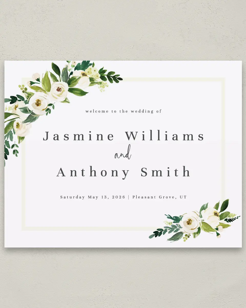 This is a 11" x 14" Welcome Sign called Wedding Florals printed in full color