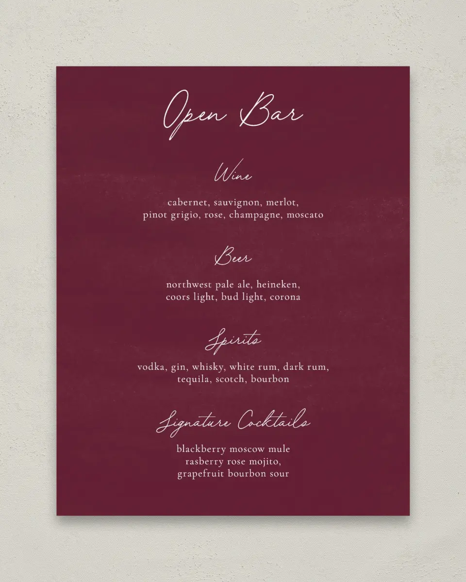 This is a 11" x 14" Menu Sign called Floral Touch printed in full color with Gold foil