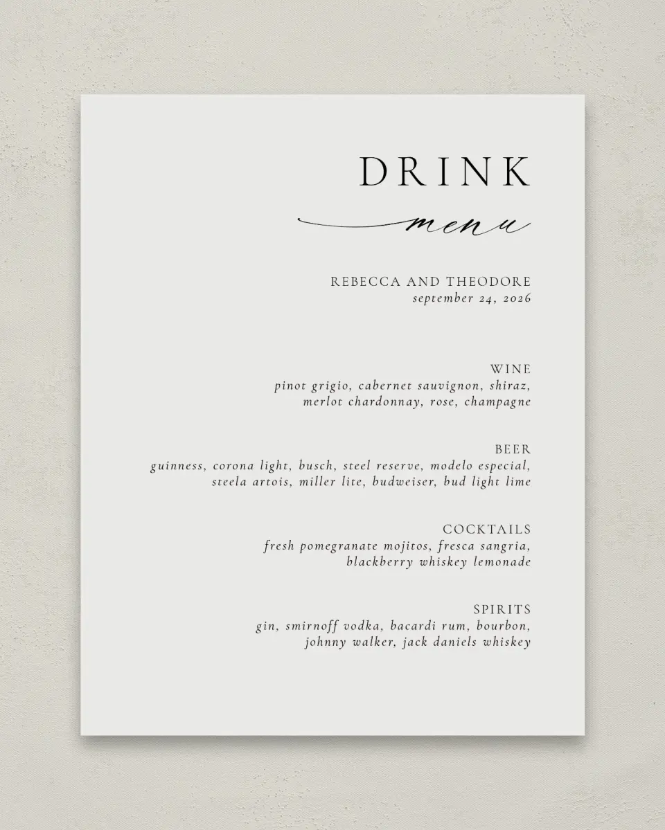 This is a 11" x 14" Menu Sign called Simply Elegant printed in full color
