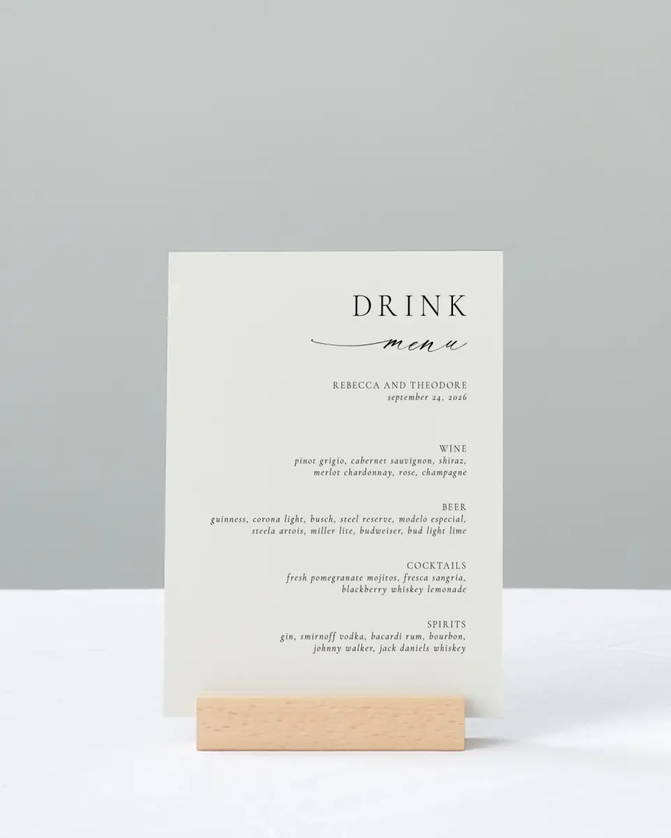 This is a 11" x 14" Menu Sign called Simply Elegant printed in full color with Silver foil