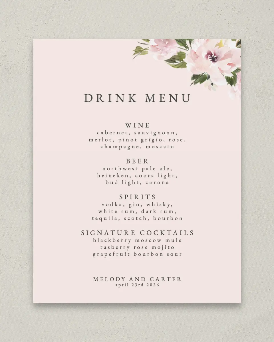 This is a 11" x 14" Menu Sign called Sweet Floral printed in full color