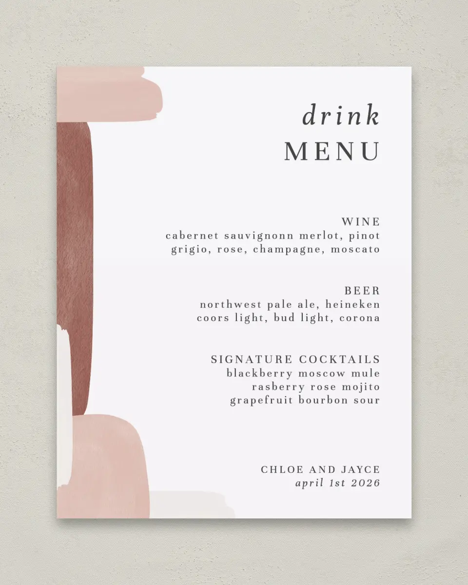 This is a 11" x 14" Menu Sign called Mod Paint printed in full color with Rose Gold foil