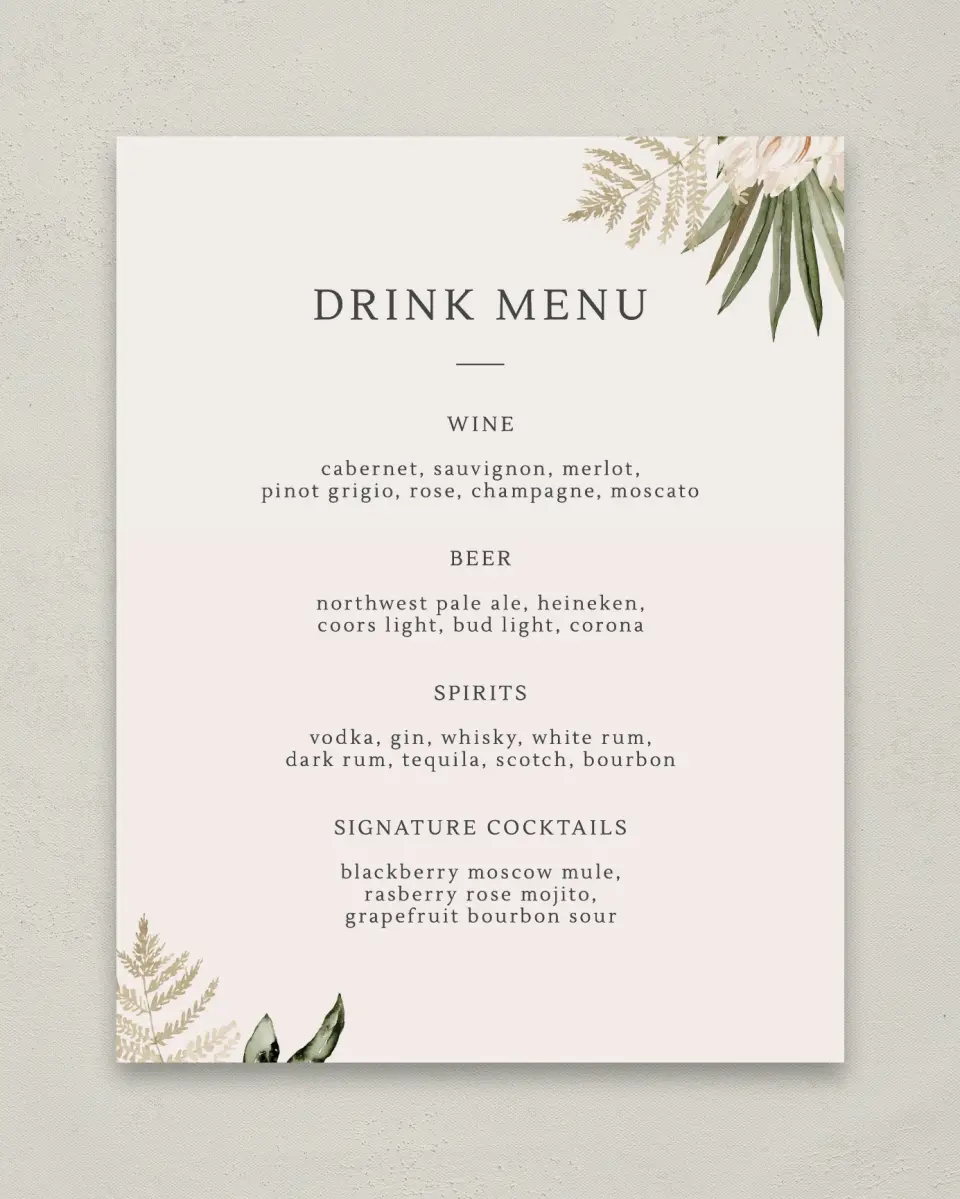 This is a 11" x 14" Menu Sign called Serene Flora printed in full color