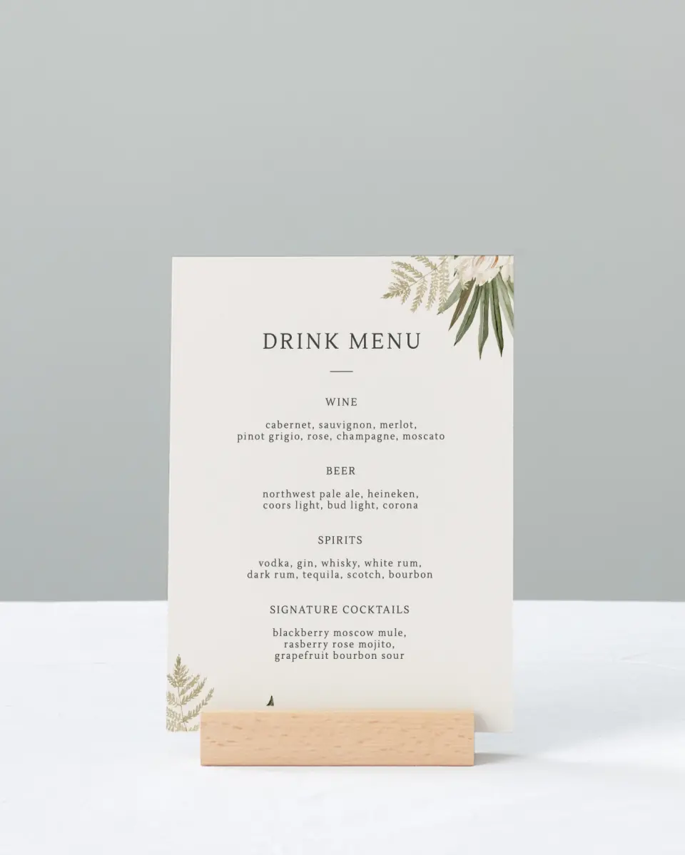 This is a 11" x 14" Menu Sign called Serene Flora printed in full color with Gold foil