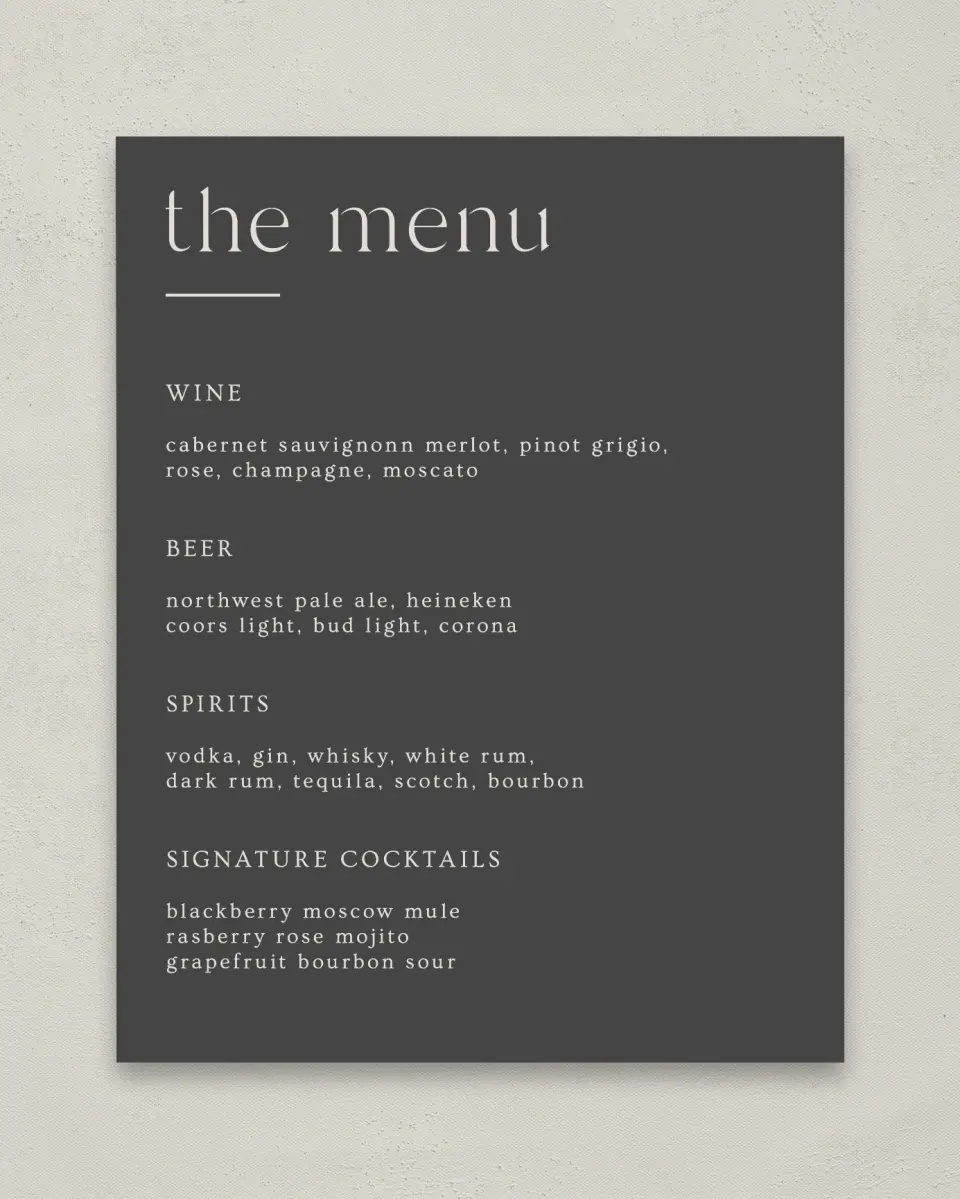 This is a 11" x 14" Menu Sign called Simple Gathering printed in full color