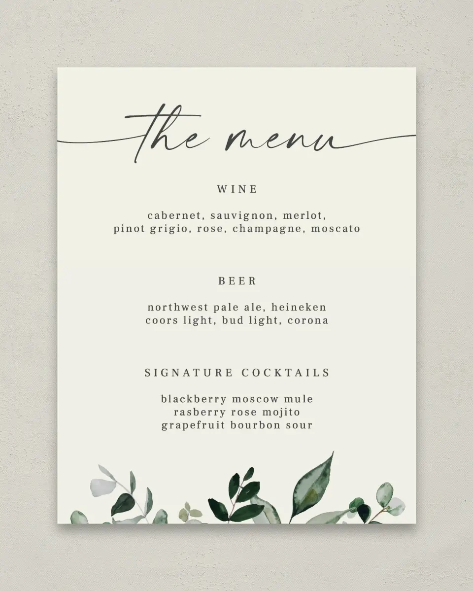 This is a 11" x 14" Menu Sign called Eucalyptus Greenery printed in full color