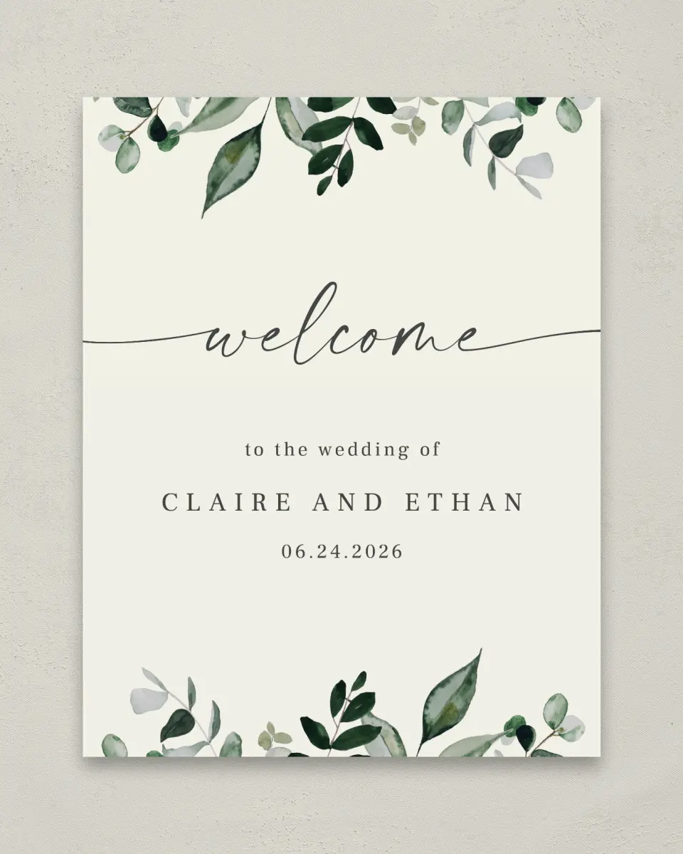 This is a 11" x 14" Welcome Sign called Eucalyptus Greenery printed in full color
