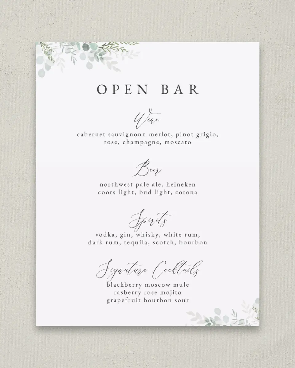 This is a 11" x 14" Menu Sign called Elegant Greenery printed in full color