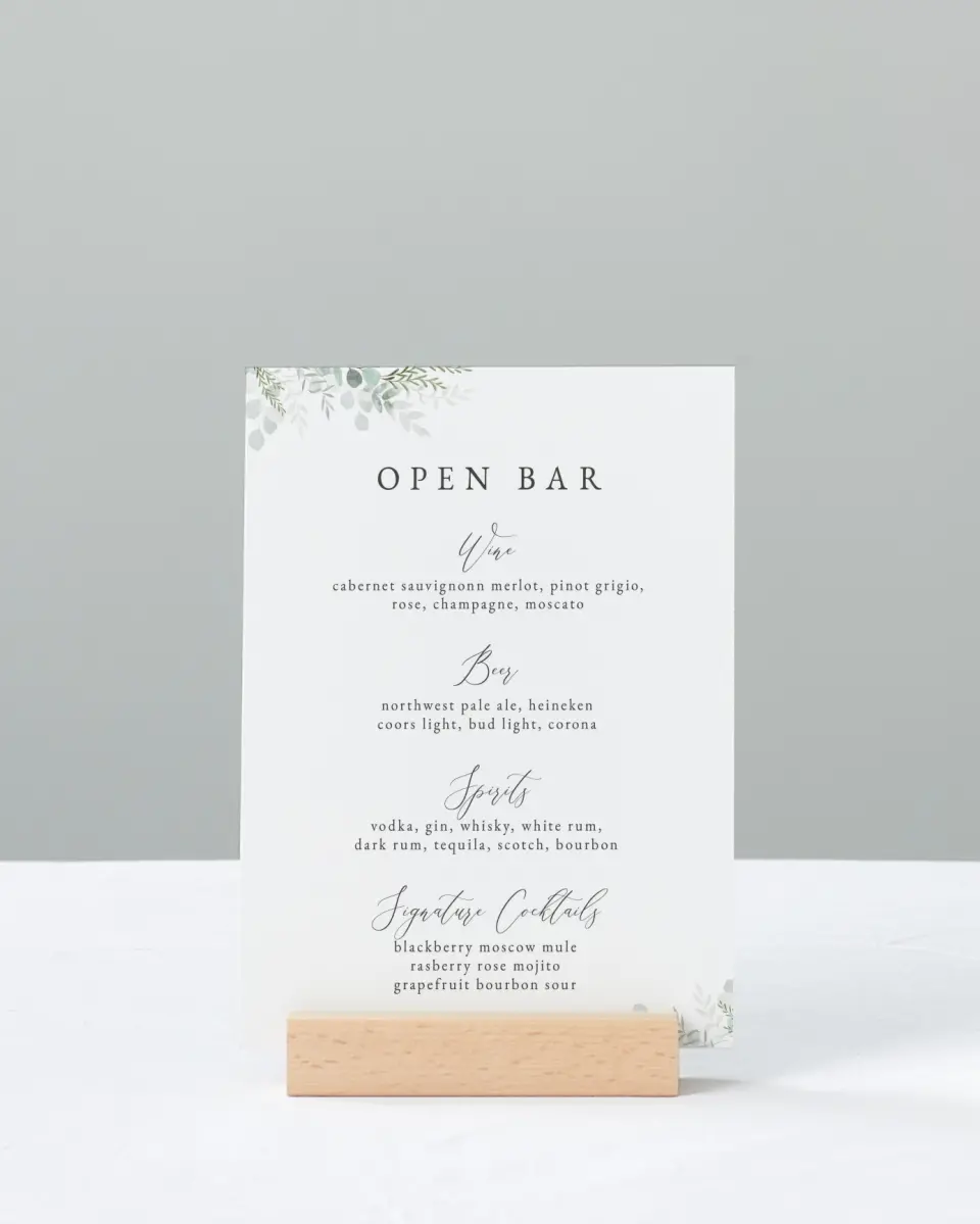 This is a 11" x 14" Menu Sign called Elegant Greenery printed in full color with Gold foil