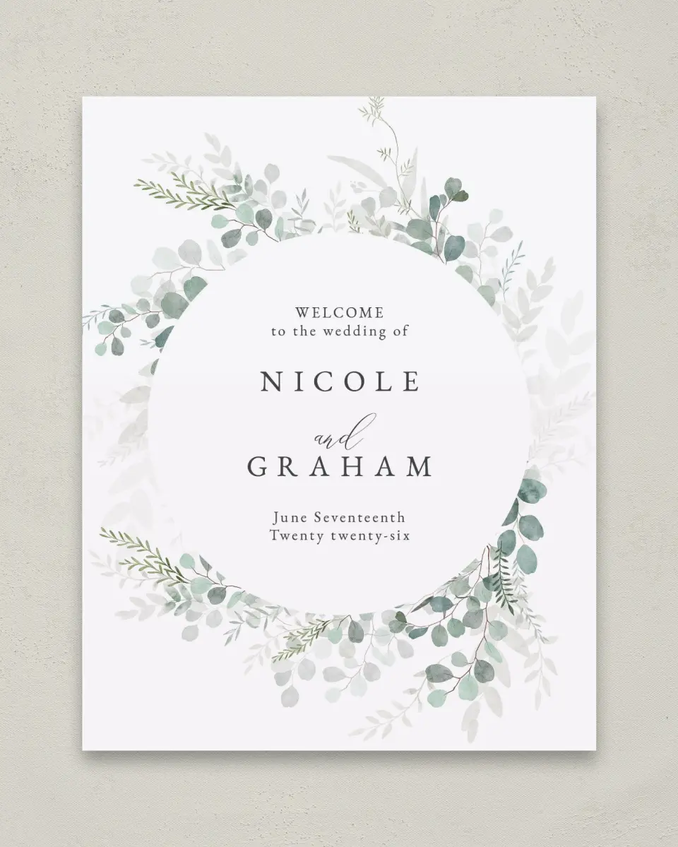 This is a 11" x 14" Welcome Sign called Elegant Greenery printed in full color