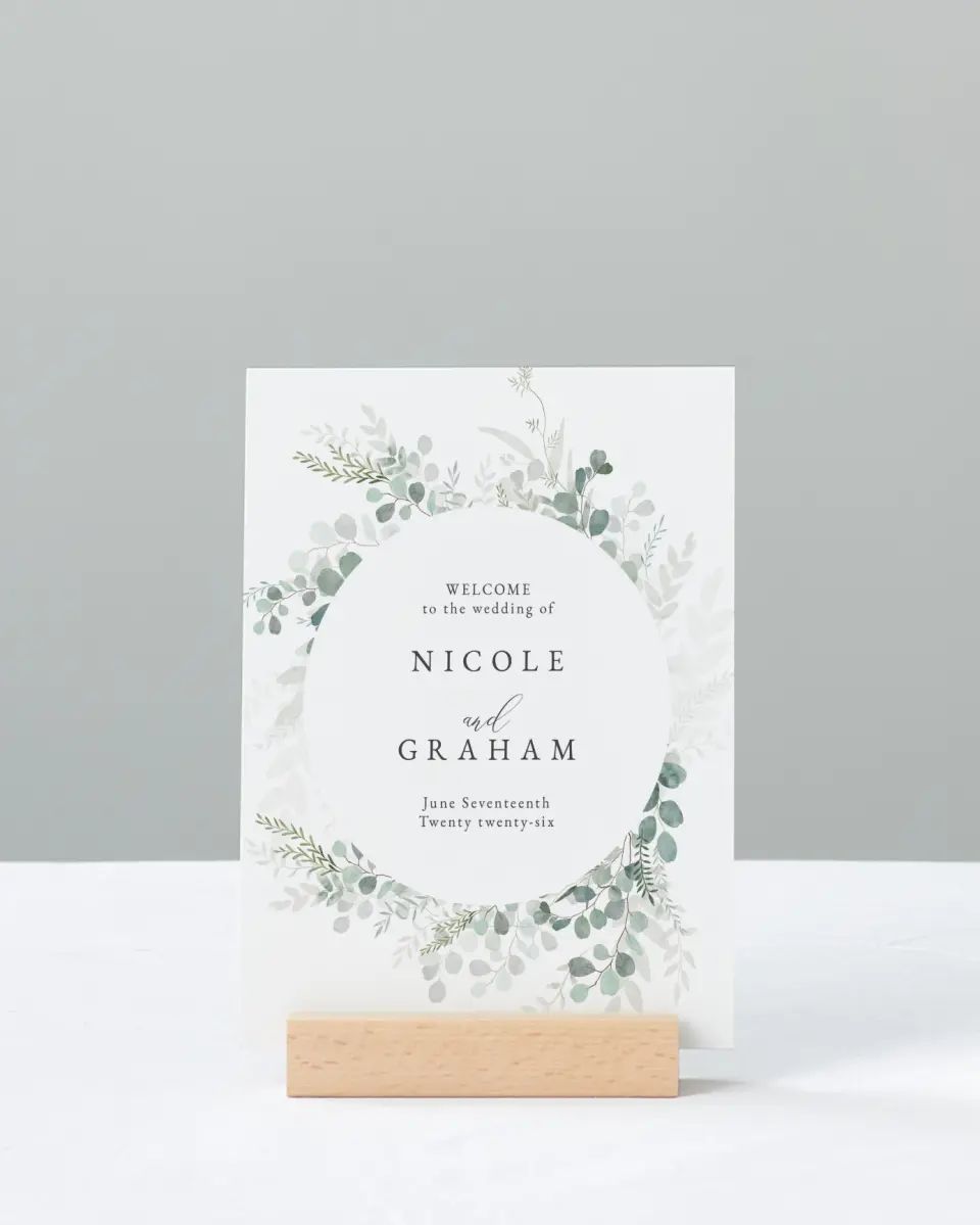 This is a 11" x 14" Welcome Sign called Elegant Greenery printed in full color
