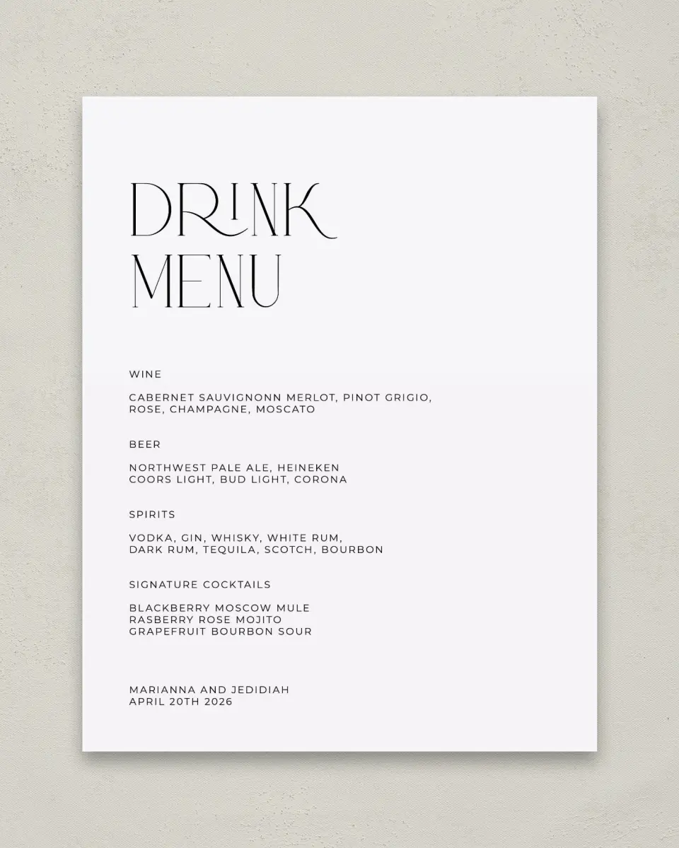 This is a 11" x 14" Menu Sign called Blissful Vows printed in full color with Rose Gold foil