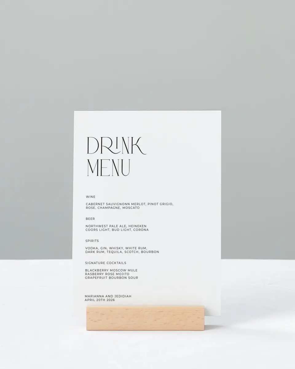 This is a 11" x 14" Menu Sign called Blissful Vows printed in full color