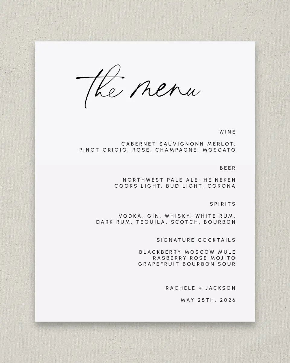 This is a 11" x 14" Menu Sign called Modern Simplicity printed in full color with Silver foil