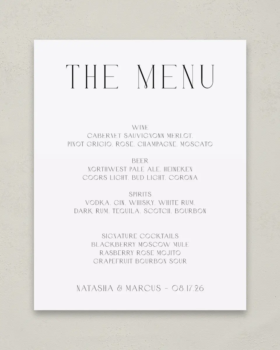 This is a 11" x 14" Menu Sign called Understated Elegance printed in full color with Rose Gold foil