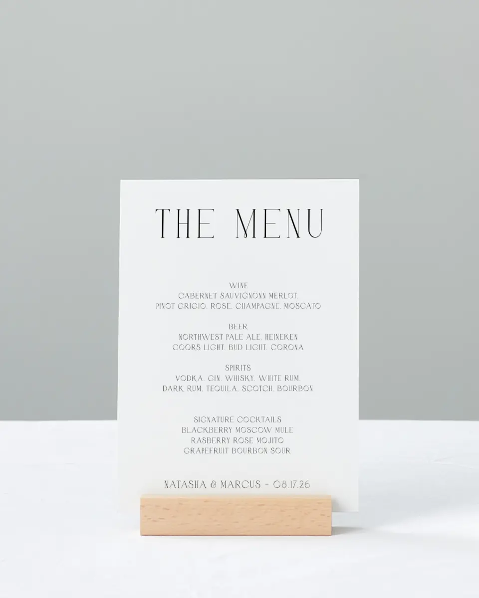 This is a 11" x 14" Menu Sign called Understated Elegance printed in full color with Gold foil