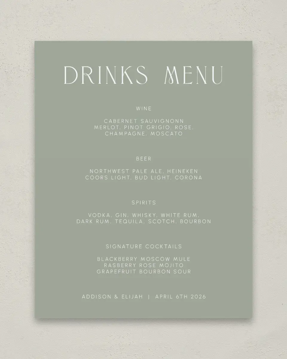 This is a 11" x 14" Menu Sign called Modern Monogram printed in full color with Rose Gold foil