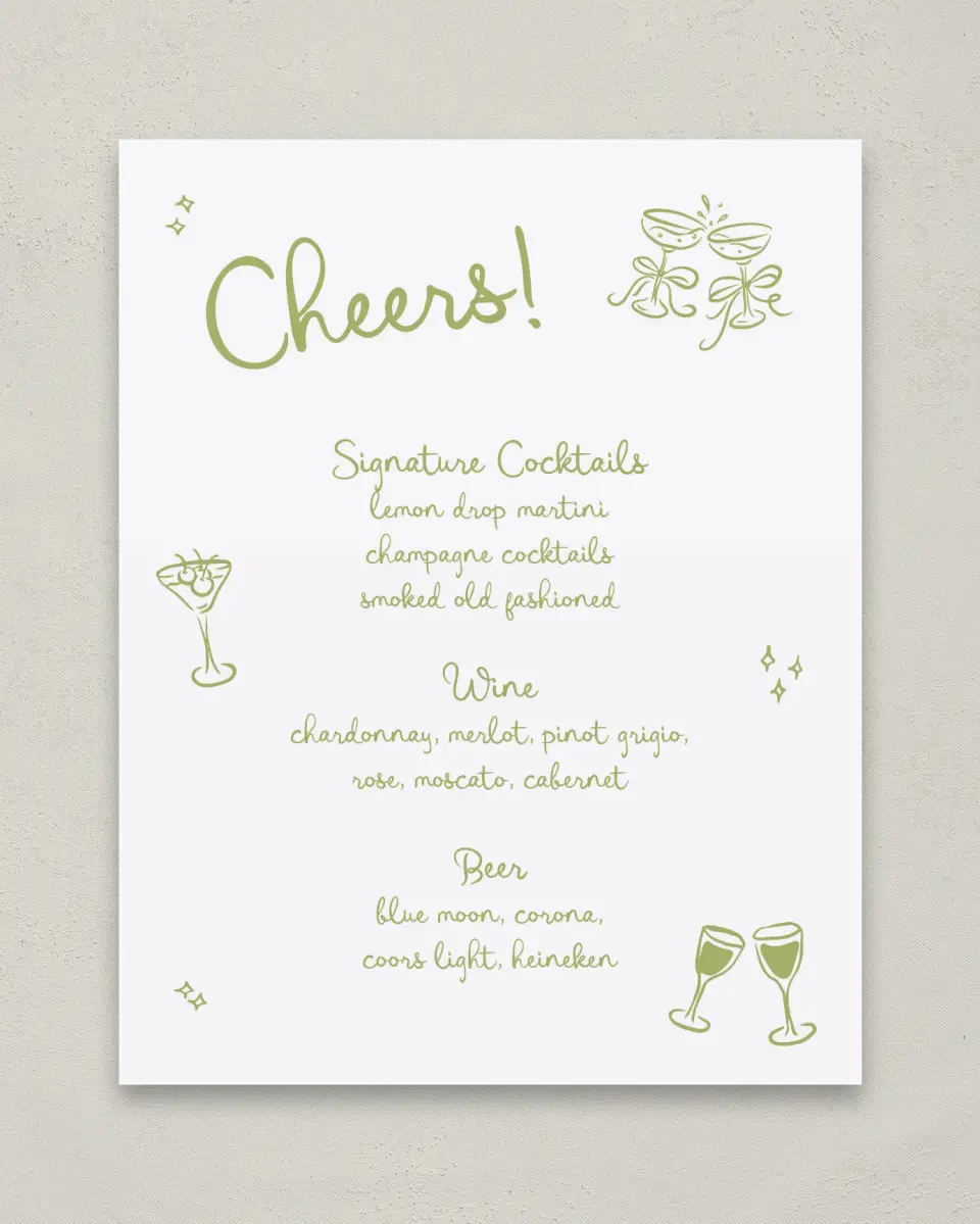This is a 11" x 14" Menu Sign called Wedding Whimsy printed in full color