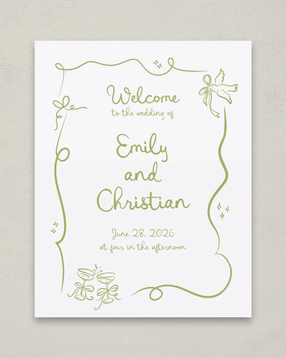 This is a 11" x 14" Welcome Sign called Wedding Whimsy printed in full color