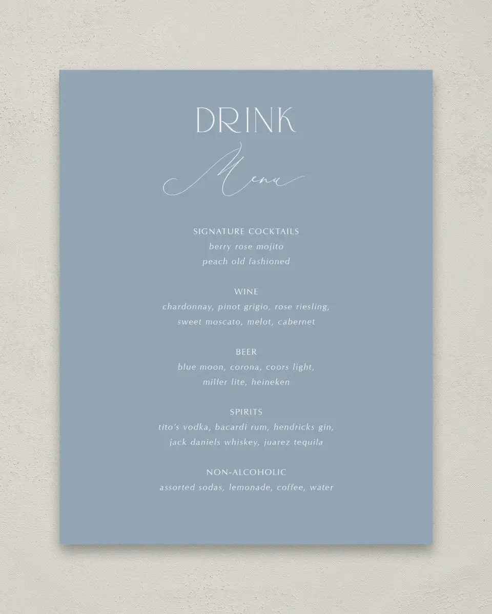 This is a 11" x 14" Menu Sign called The Victoria printed in full color with Rose Gold foil