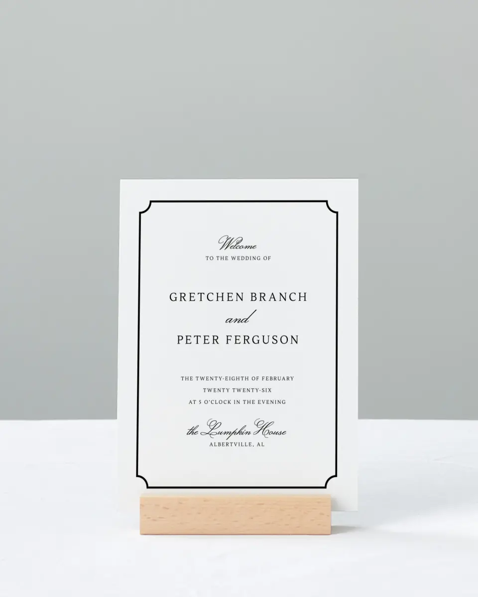 This is a 11" x 14" Welcome Sign called Elegant Tradition printed in full color with Gold foil