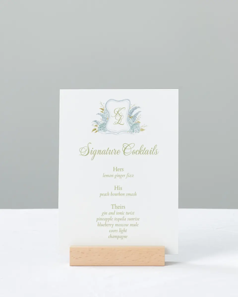 This is a 11" x 14" Menu Sign called Southern Belle printed in full color with Silver foil