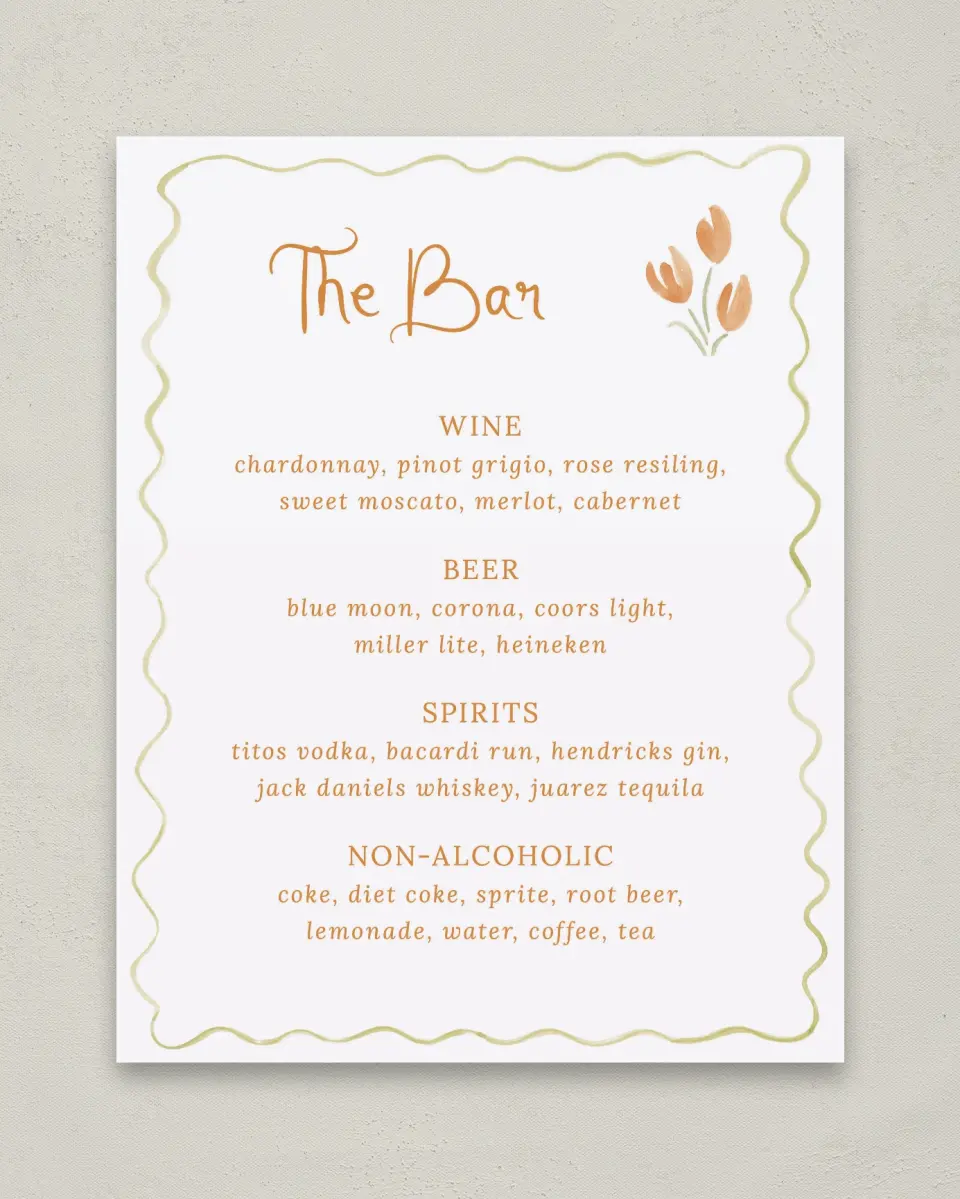 This is a 11" x 14" Menu Sign called Floral Whimsy printed in full color with Rose Gold foil