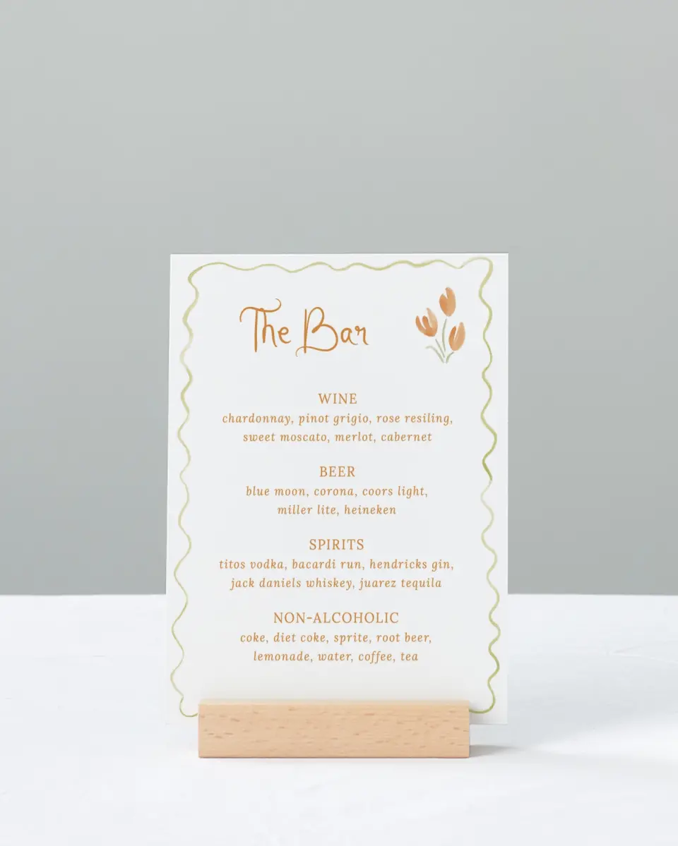 This is a 11" x 14" Menu Sign called Floral Whimsy printed in full color with Gold foil
