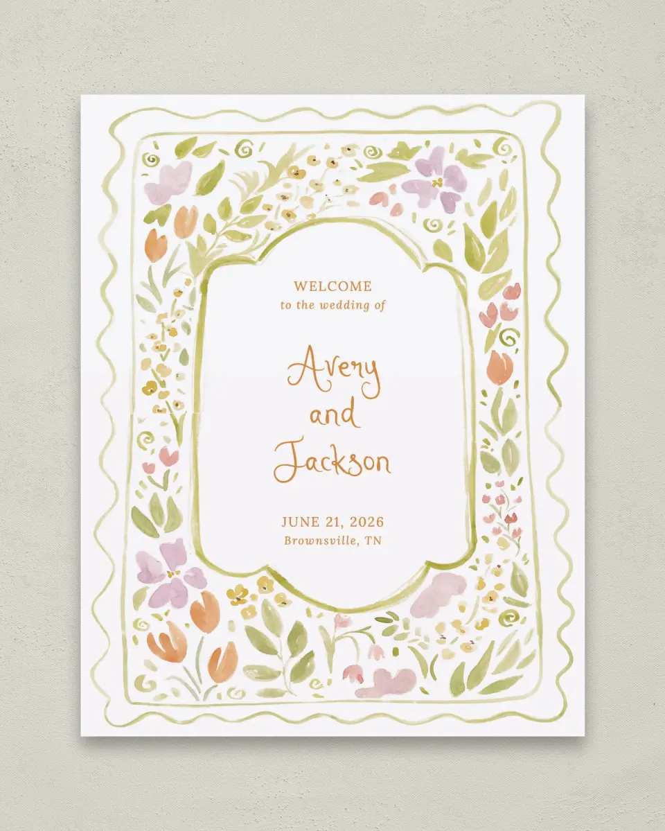 This is a 11" x 14" Welcome Sign called Floral Whimsy printed in full color