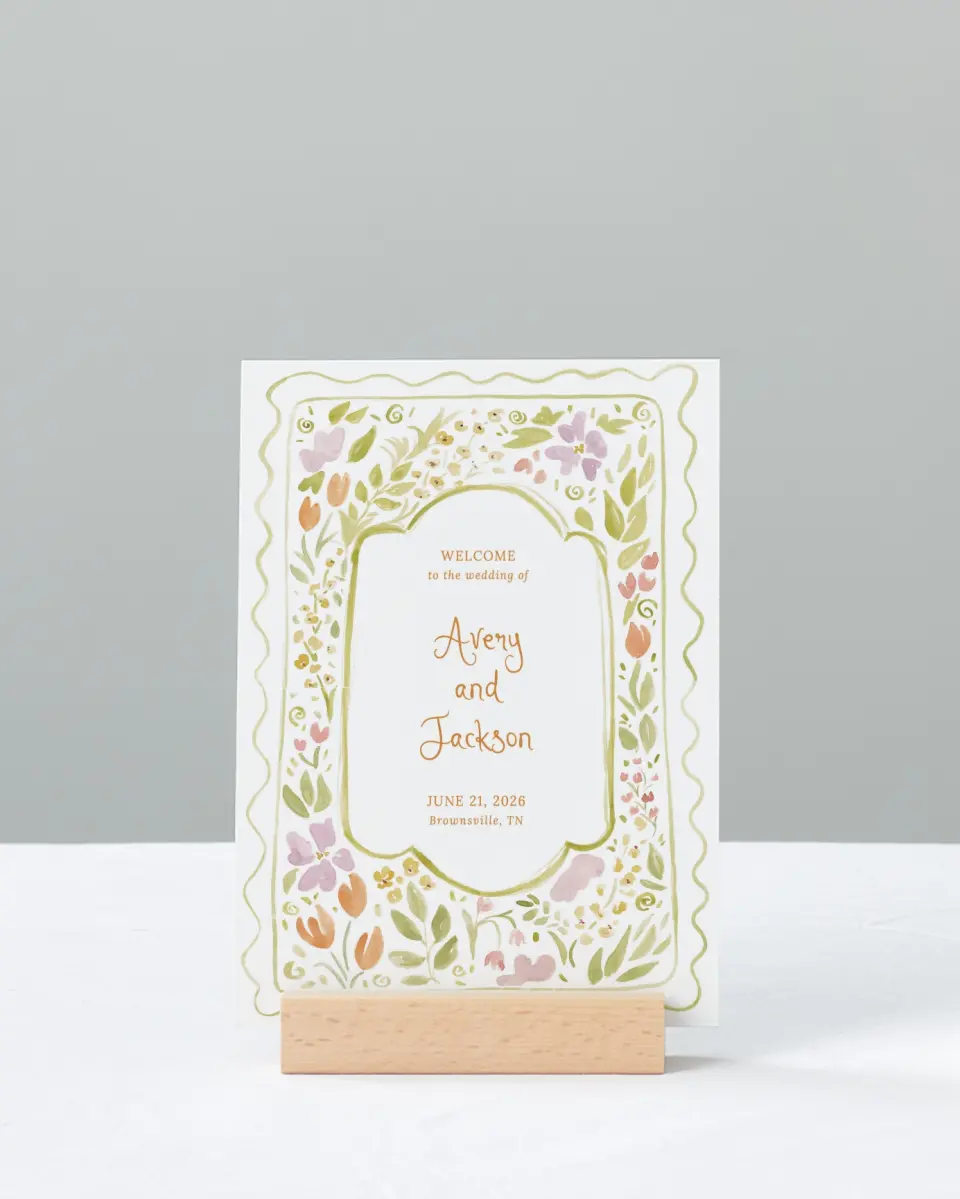 This is a 11" x 14" Welcome Sign called Floral Whimsy printed in full color with Gold foil