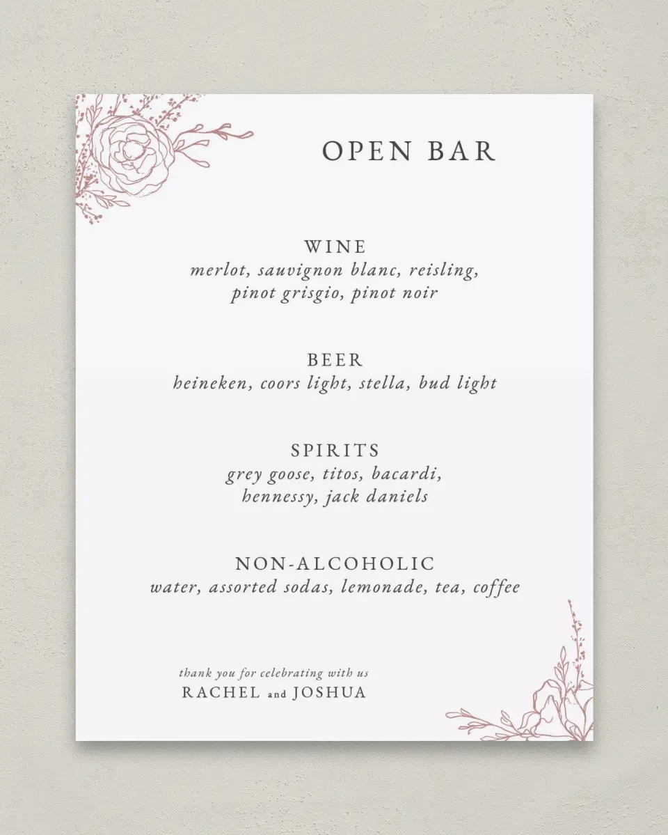 This is a 8" x 10" Menu Sign called Blooming Rose printed in full color with Rose Gold foil