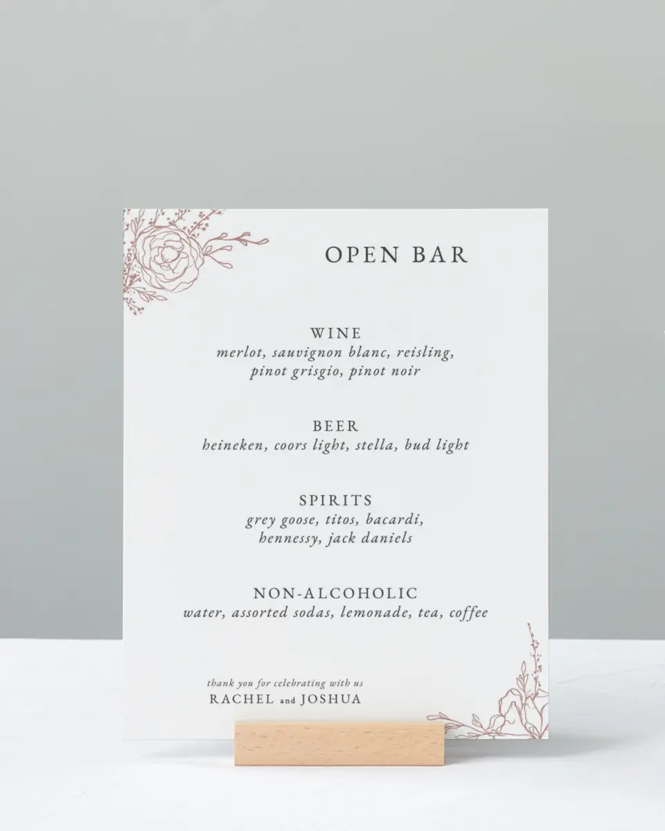This is a 8" x 10" Menu Sign called Blooming Rose printed in full color with Silver foil