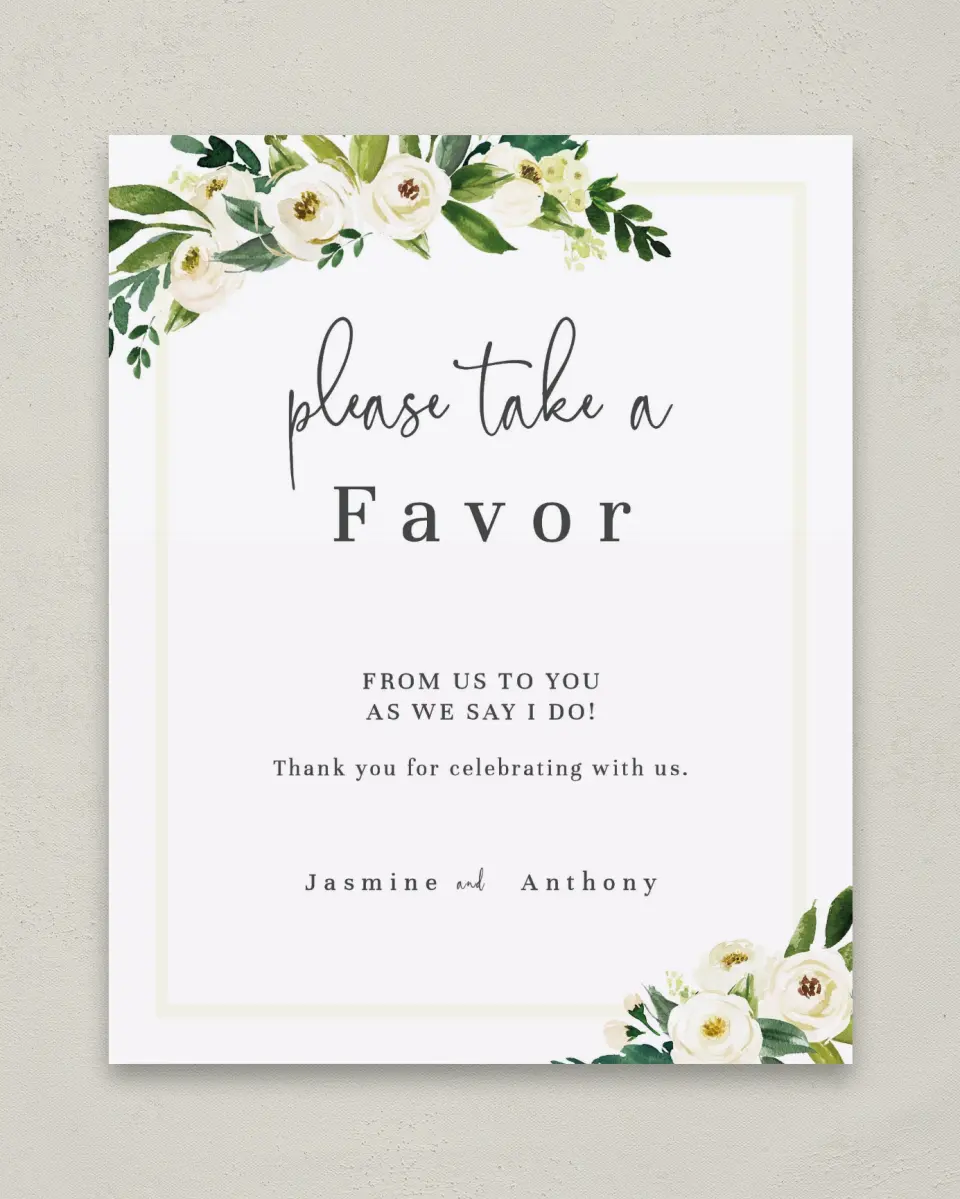 This is a 8" x 10" Favor Sign called Wedding Florals printed in full color with Gold foil