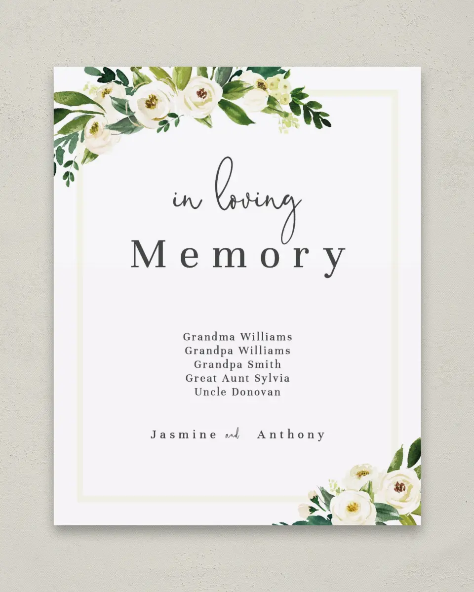 This is a 8" x 10" Loving Memory Sign called Wedding Florals printed in full color