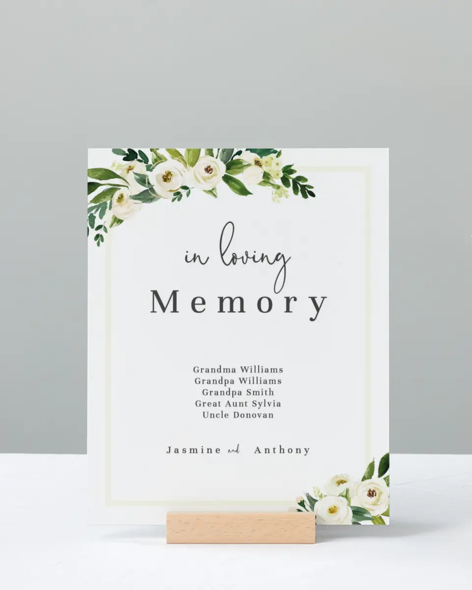 This is a 8" x 10" Loving Memory Sign called Wedding Florals printed in full color with Rose Gold foil