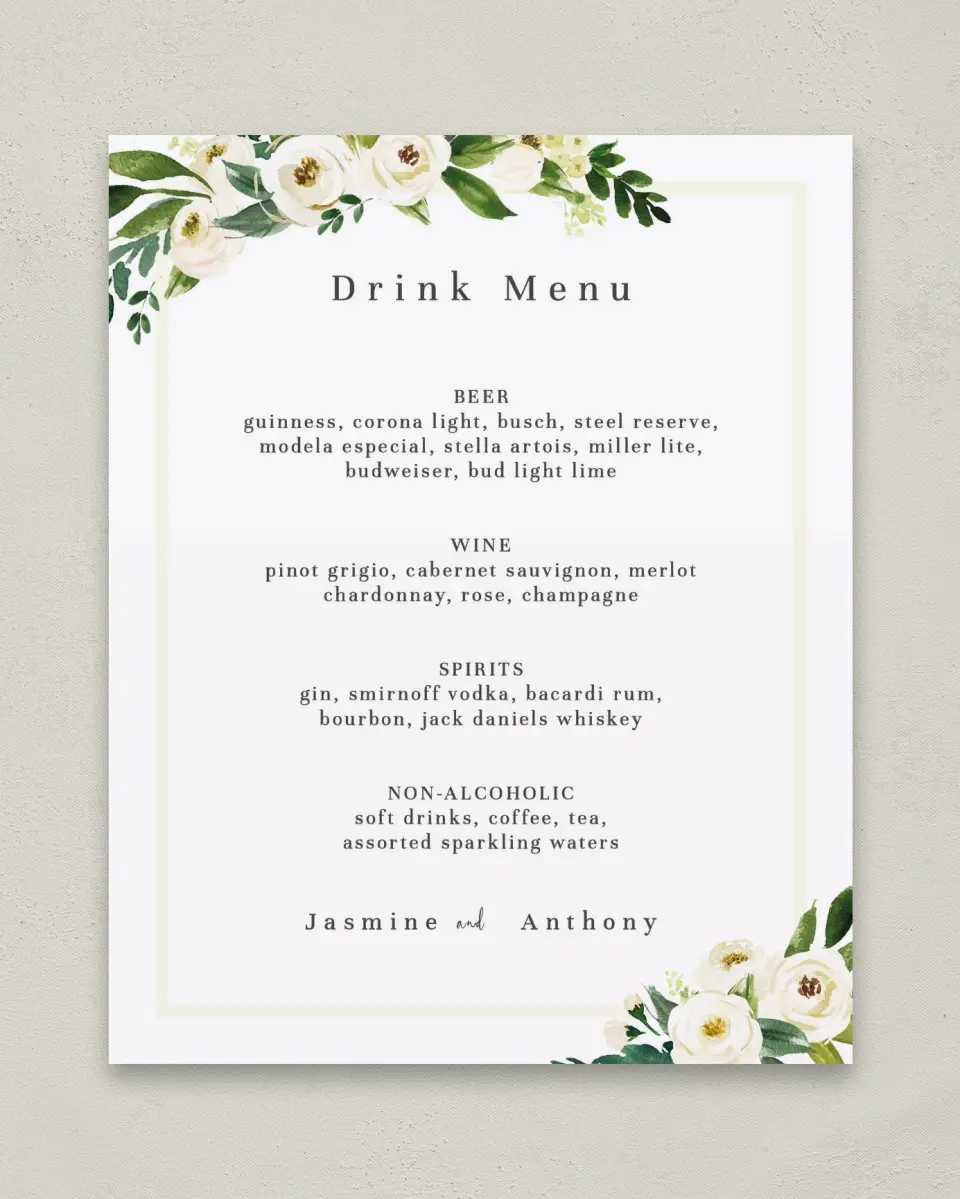 This is a 8" x 10" Menu Sign called Wedding Florals printed in full color with Rose Gold foil