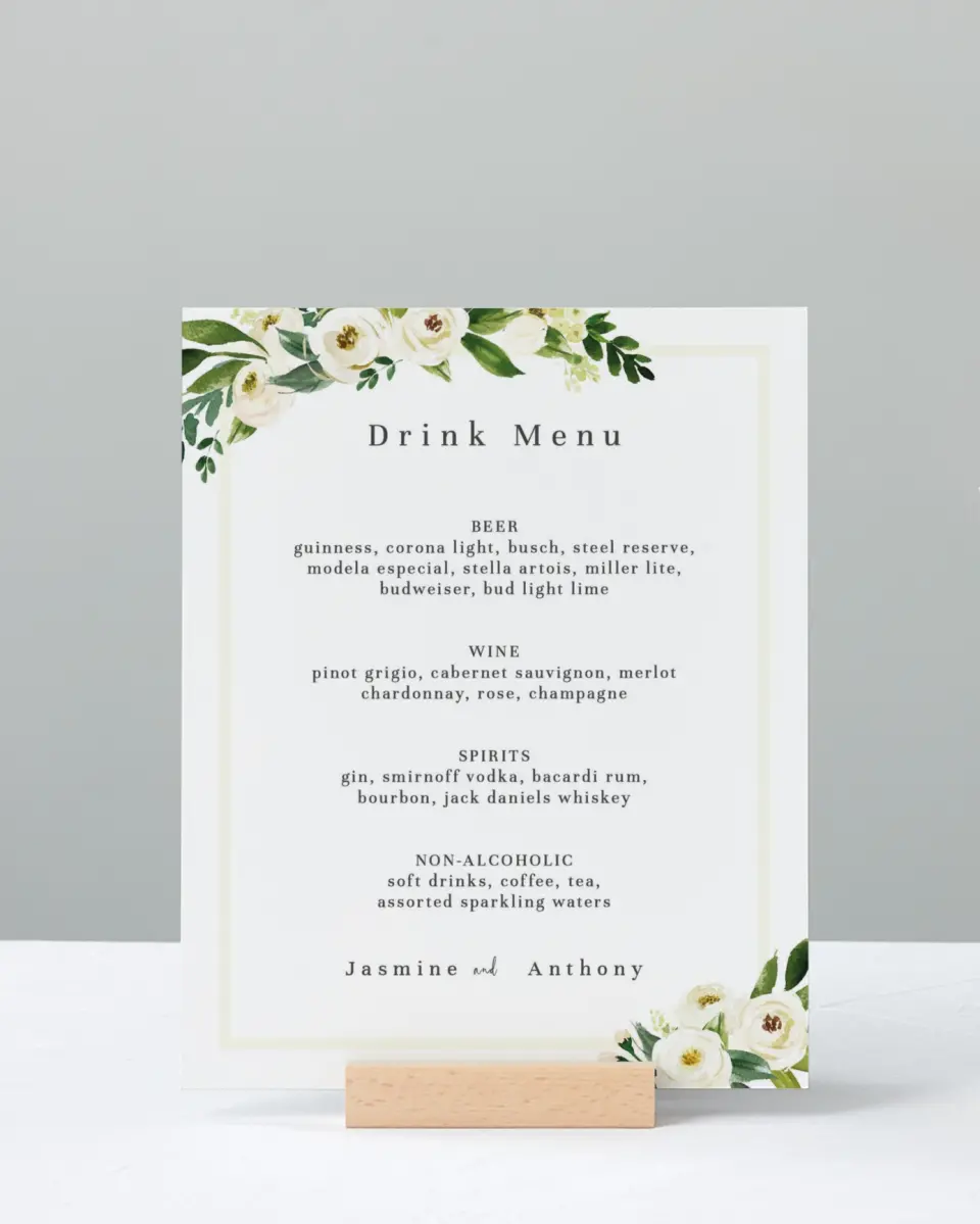 This is a 8" x 10" Menu Sign called Wedding Florals printed in full color with Gold foil