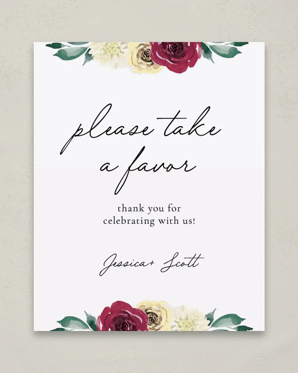 This is a 8" x 10" Favor Sign called Floral Touch printed in full color with Gold foil
