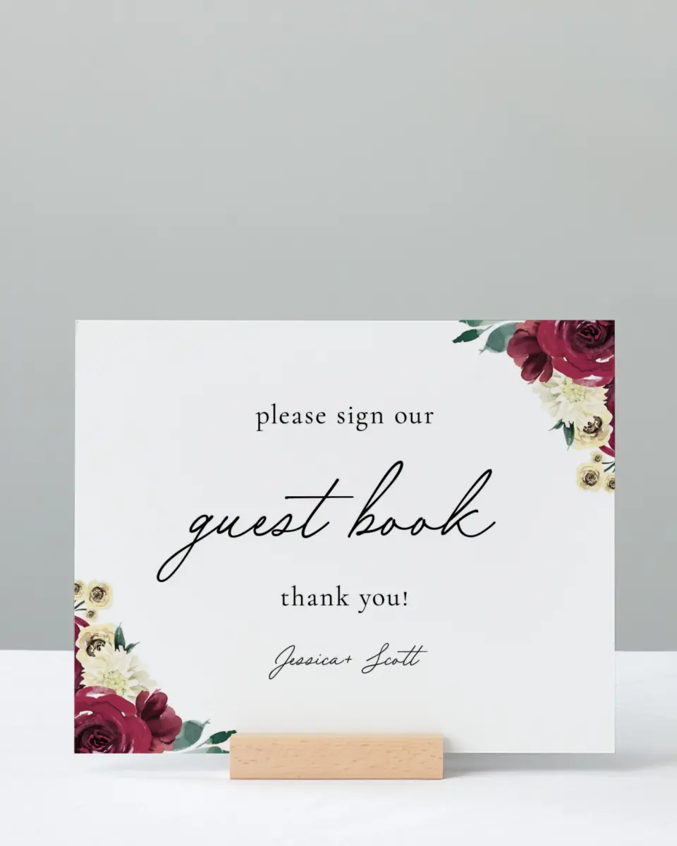 This is a 8" x 10" Guest Book Sign called Floral Touch printed in full color with Silver foil