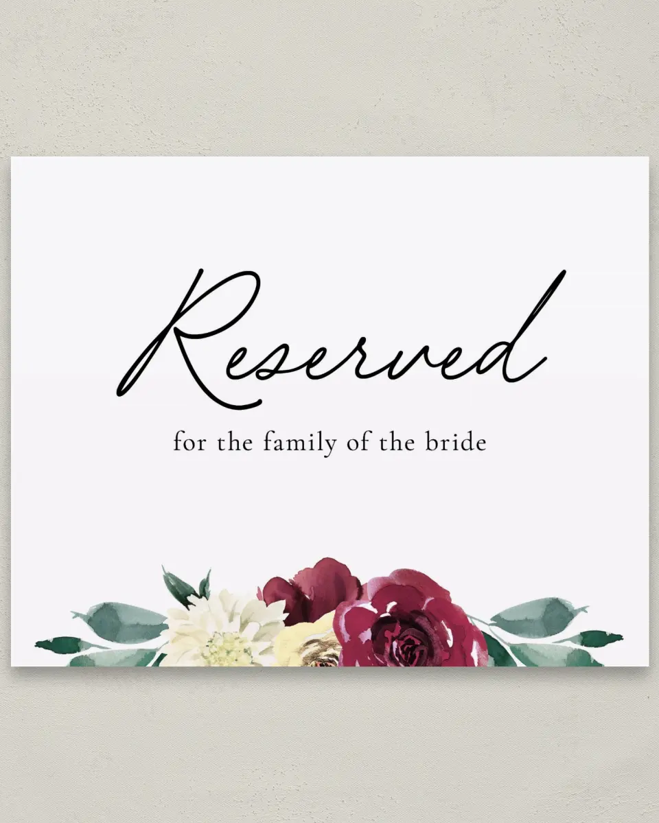 This is a 8" x 10" Reserved Seating Sign called Floral Touch printed in full color