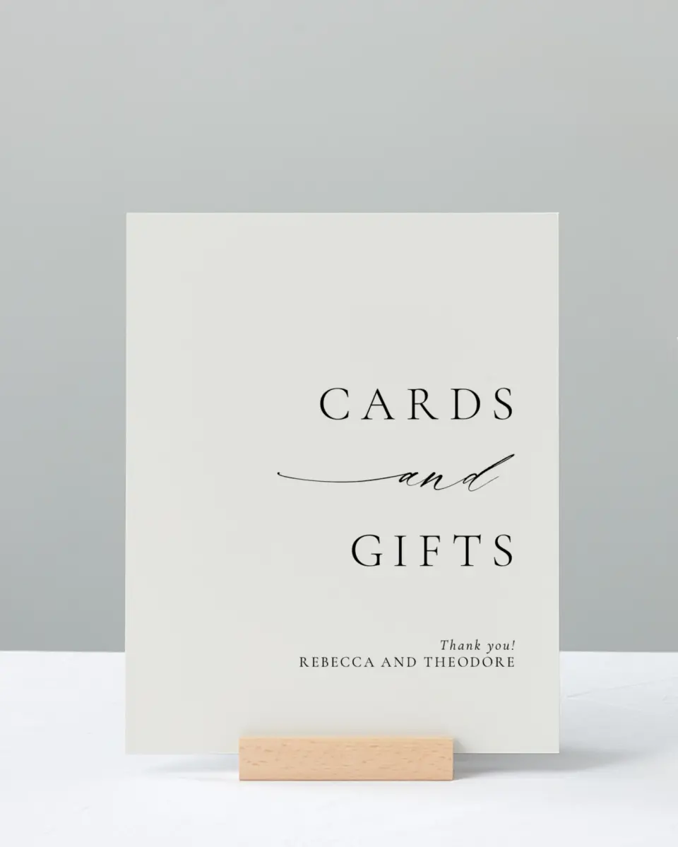 This is a 8" x 10" Cards & Gifts Sign called Simply Elegant printed in full color with Rose Gold foil