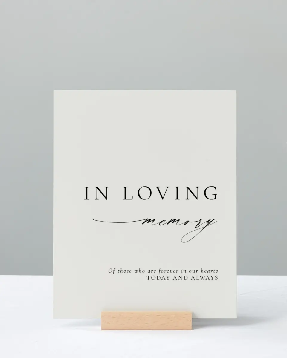 This is a 8" x 10" Loving Memory Sign called Simply Elegant printed in full color with Rose Gold foil