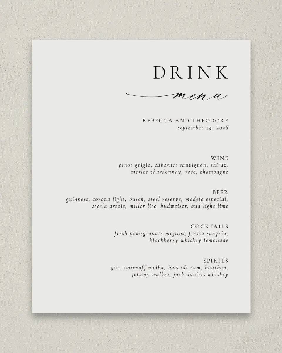 This is a 8" x 10" Menu Sign called Simply Elegant printed in full color