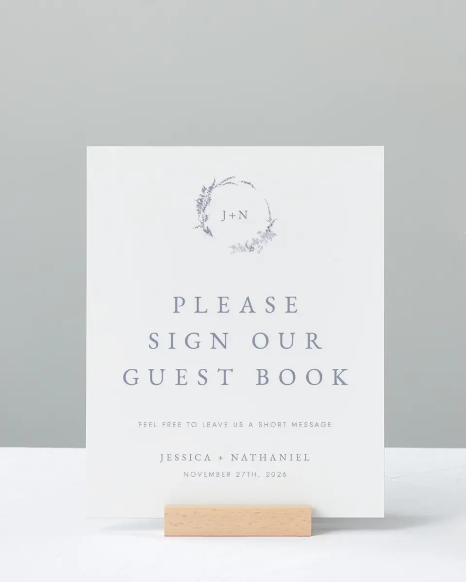 This is a 8" x 10" Guest Book Sign called Dainty Wreath printed in full color